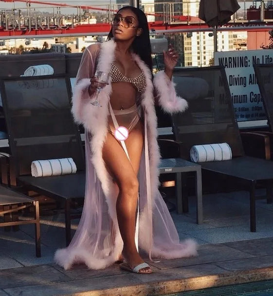 2021 Pajama Robe Sexy Mesh Fur Robe Lingerie Women Valentines Day Lingerie Robe