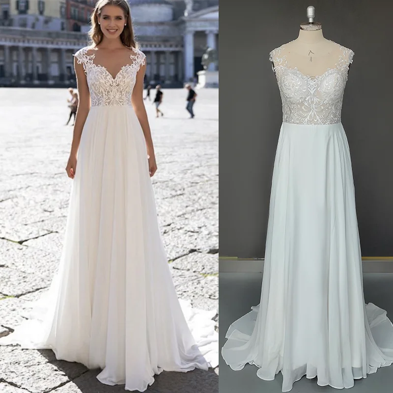 11094#Sheer Back Sweetheart Short Sleeve Lace Applique a Line Sweep Train Bohemian Chiffon Bridal Gowns Ladies Wedding Dress