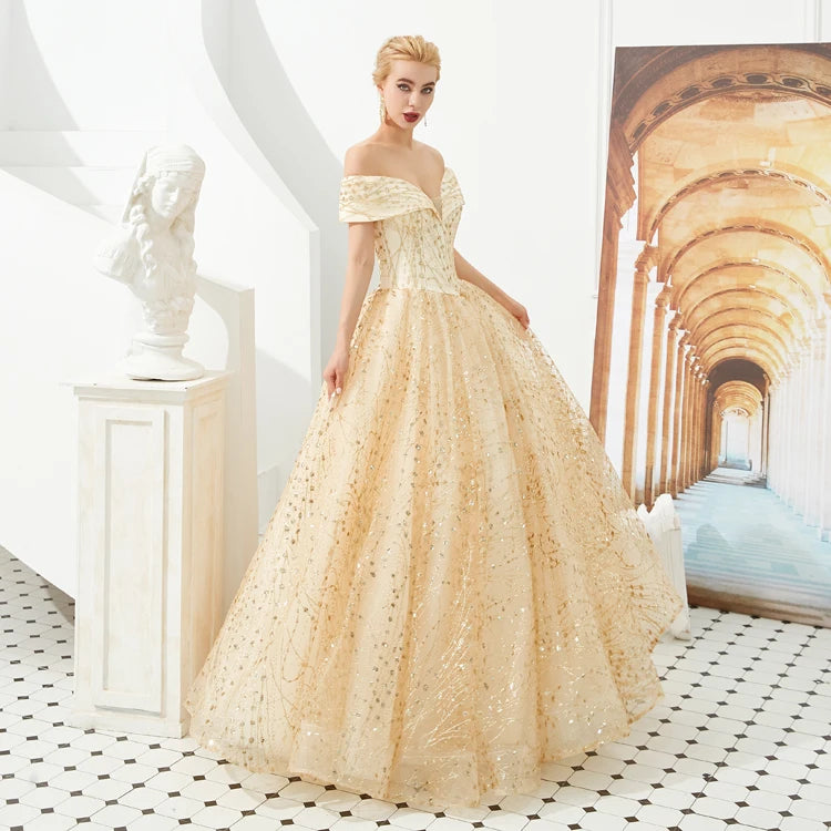 New Fashion Off the Shoulder Gold Sequin Bridal Gown Custom Made Ball Gown Evening Dresses Long