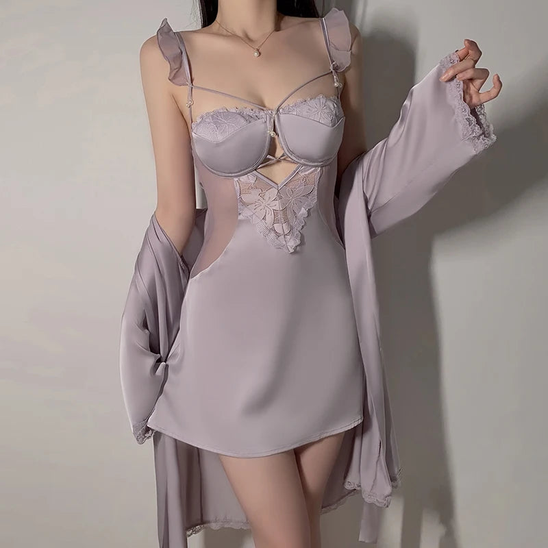 Custom Logo Pure Lust Plus Breast Padded Suspender Nightgown Cardigan Robe Sexy Satin Patchwork Home Wear Pajamas Women