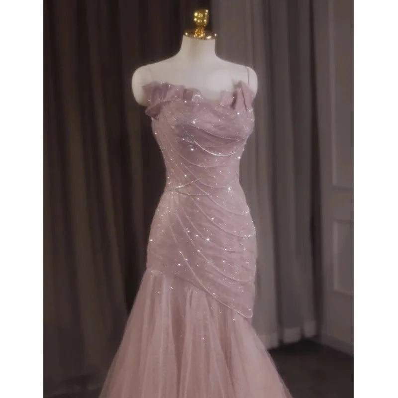 French-Style Luxury Pink Evening Wedding Dress for Women Fishtail Trailing Light Short Sling Fairy Host Sequined Lace-Up Back