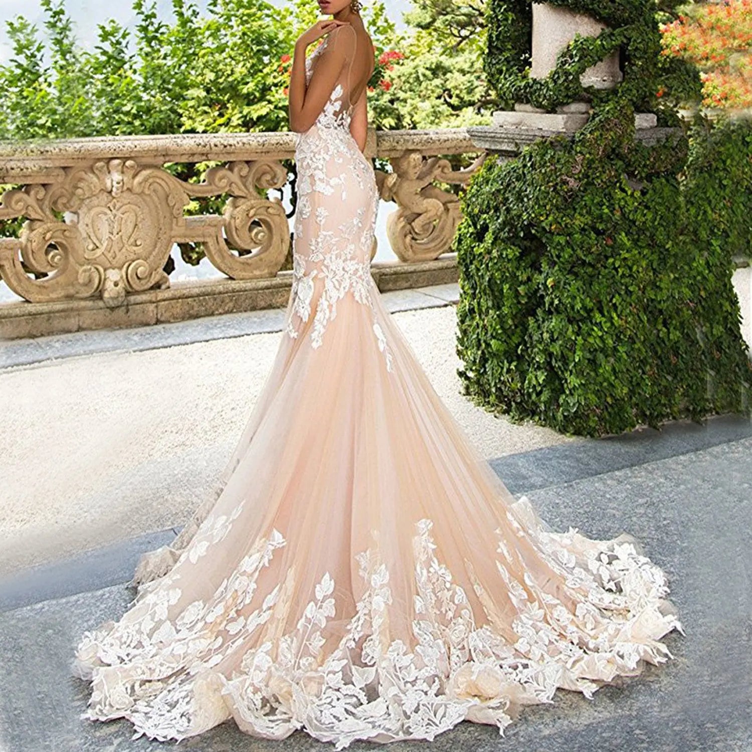 S0364T Elegant Vintage Royal Bridal Gown Mermaid Slim Long Sleeve Skin Tone Lace Round Neck Tie for Bridesmaids
