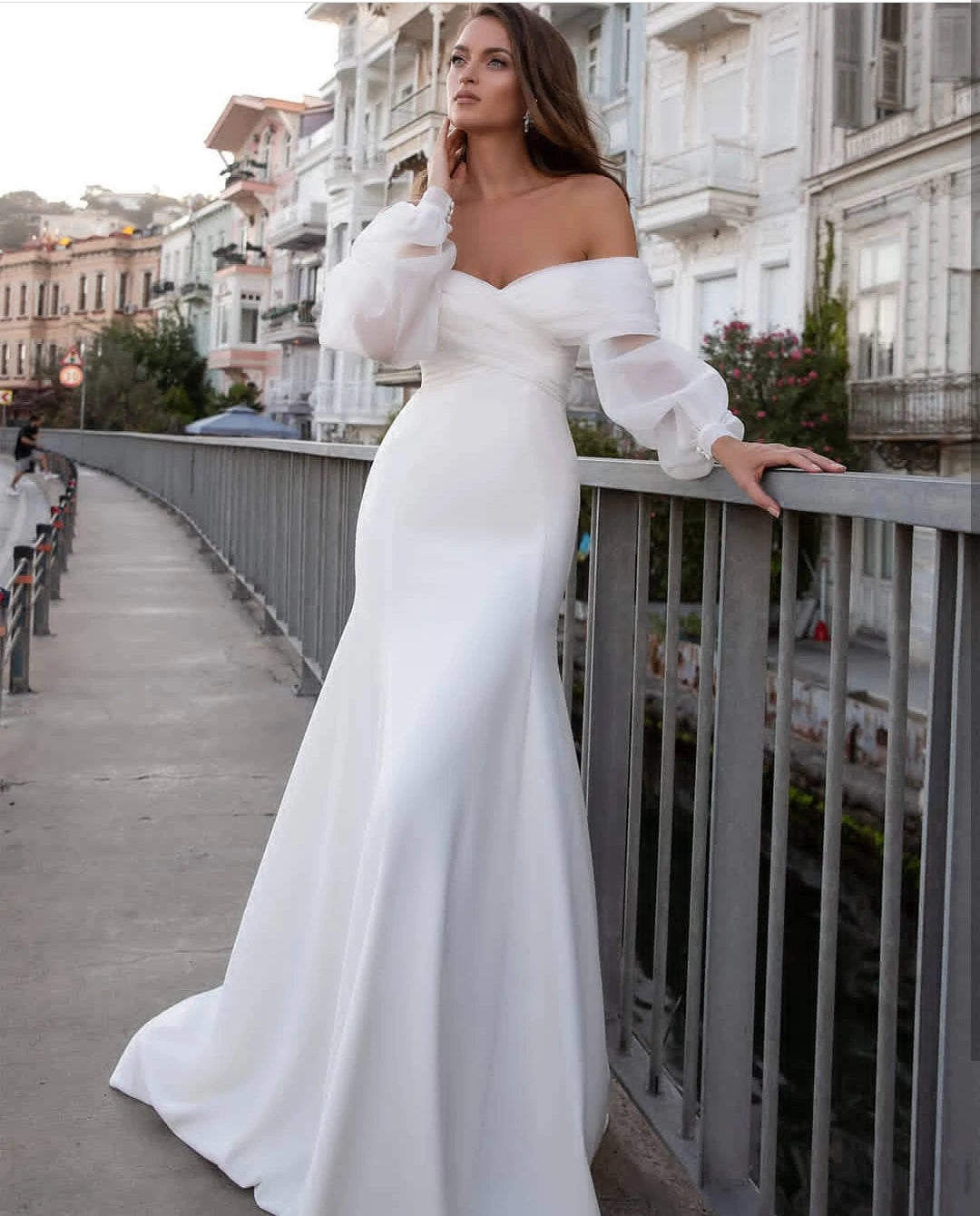 13163#Mermaid Simple Wedding Dresses Off-Shoulder Puffy Sleeves Pleated Boho Civil Soft Satin Elegant Wedding Bridal Gown