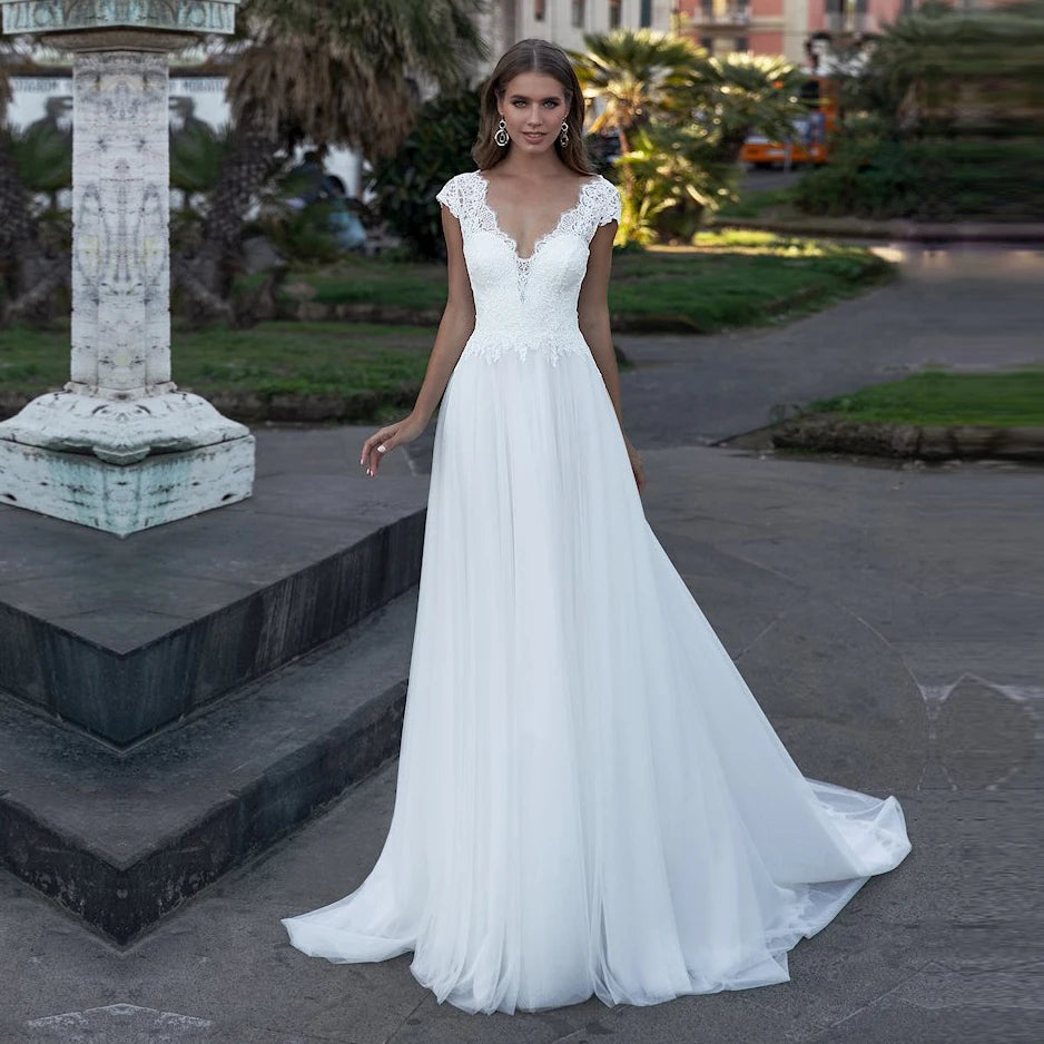 FA194 Wedding Dress V-Neck Capped Sleeve a Line Boho Simple Bridal Gowns Vestido De Noiva Elegant Plus Size Bride Dresses