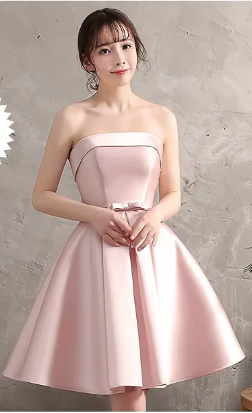 Pink Off Shoulder Bridesmaid Dress Simple Satin Sweet Bow Wedding Wedding Female Guest Dresses Fashion A-line Short Party Gown