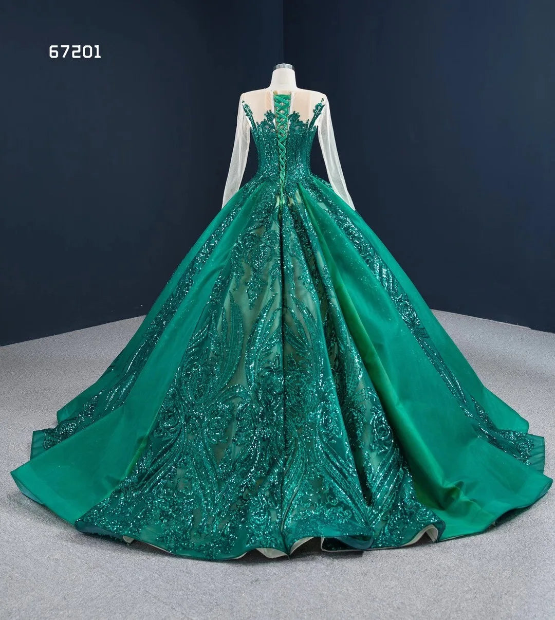Feishiluo Luxury Green Sequin Lace Crystal Wedding Dress Long Sleeves Beaded Floral Appliques Embroidery Sweep Train Ball Gown