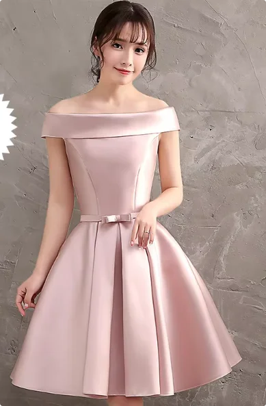 Pink Off Shoulder Bridesmaid Dress Simple Satin Sweet Bow Wedding Wedding Female Guest Dresses Fashion A-line Short Party Gown