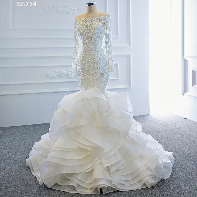 Jancember RSM66734 Mermaid Tail Off Shoulder Luxurious Long Sleeve Lace Wedding Dress