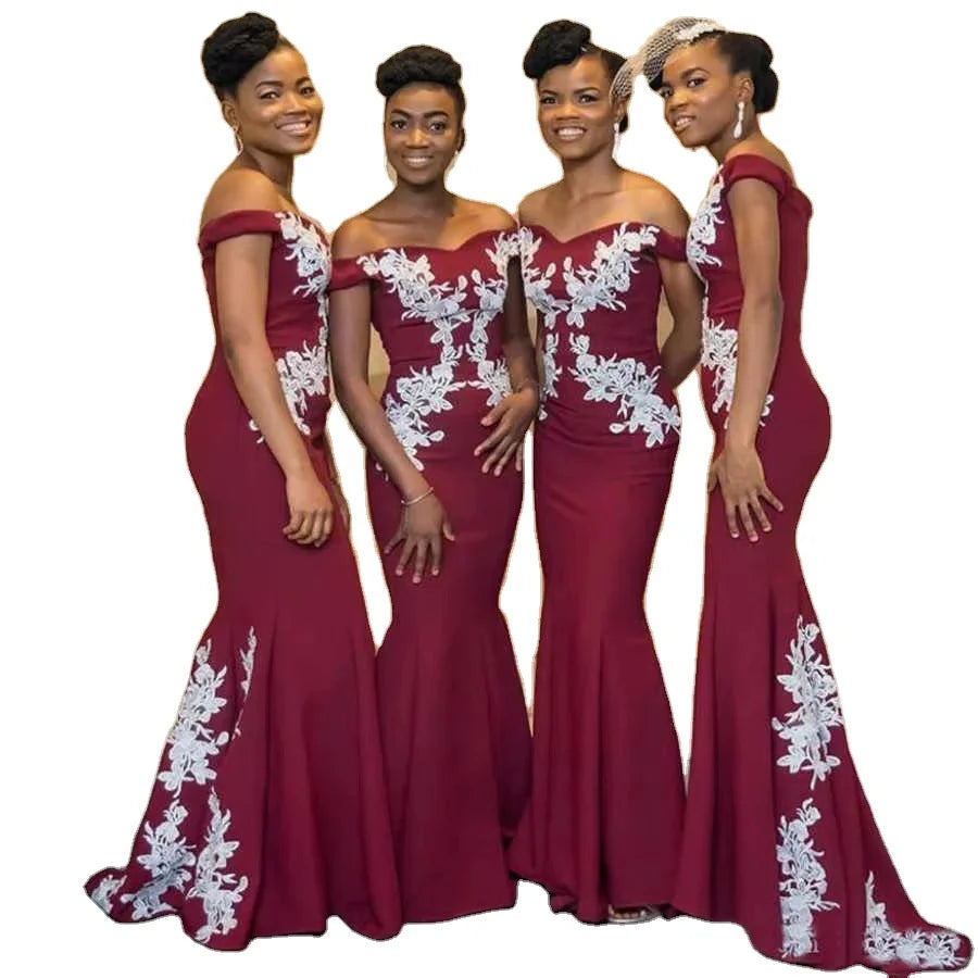 Morili Off the Shoulder Appliqued Burgundy Red Lace  Elegant African Maid of Honor Mermaid Burgundy Long Bridesmaid Dress MBA485