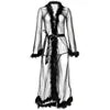 Sheer Mesh Feather-Trim Boudoir Robe