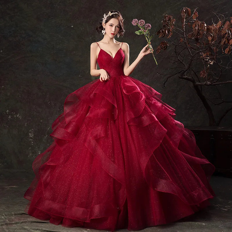 Custom 2022  New Summer Wedding Dress Sexy V Neck Ball Gowns Spaghetti Straps Tulle Prom Bridal Dress
