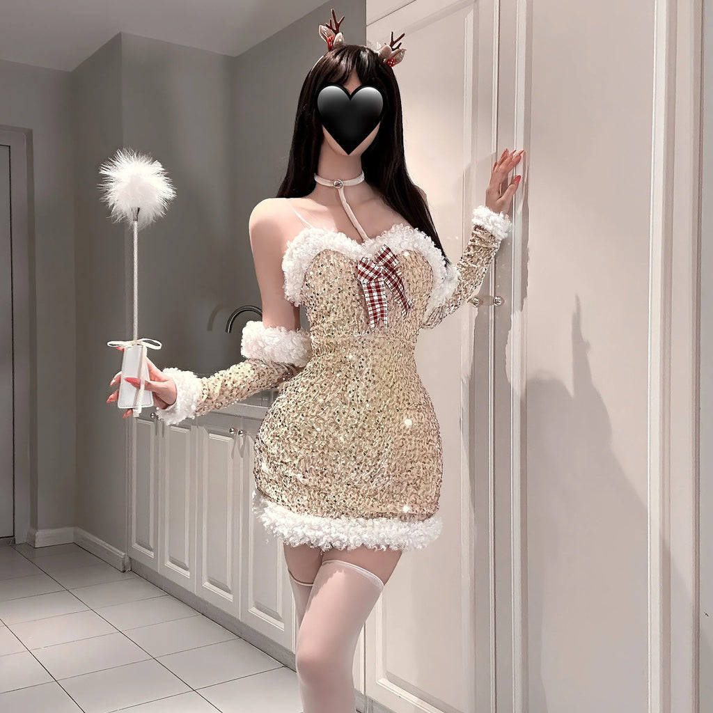 Sexy Backless Sequin Plush Splice Hip Wrap Slip Nightdress Velour Short Skirt Xmas Uniform Christmas Sexy Lingerie 3 Piece Set