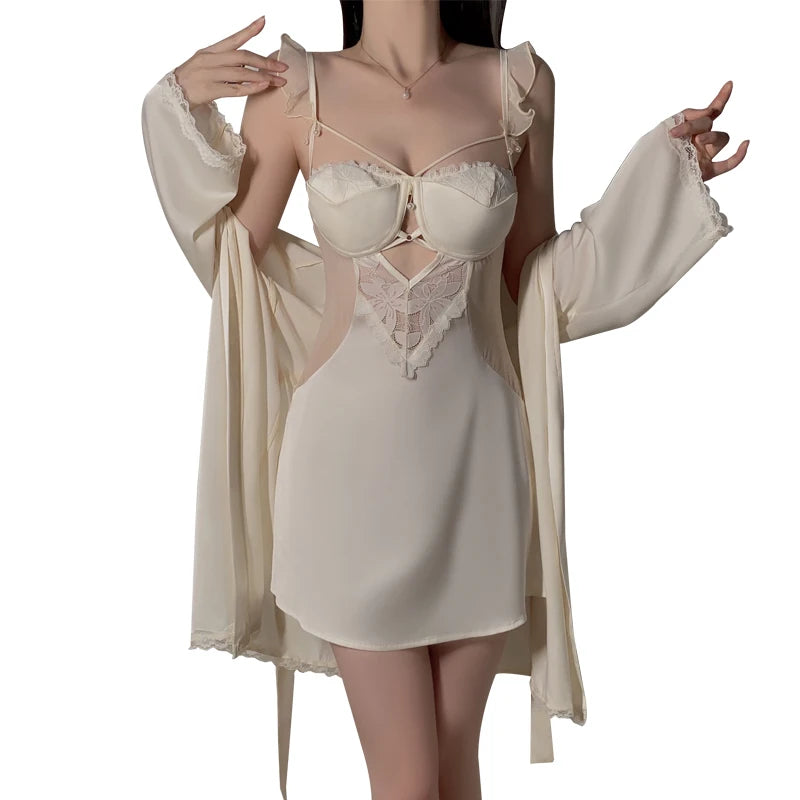 Custom Logo Pure Lust Plus Breast Padded Suspender Nightgown Cardigan Robe Sexy Satin Patchwork Home Wear Pajamas Women
