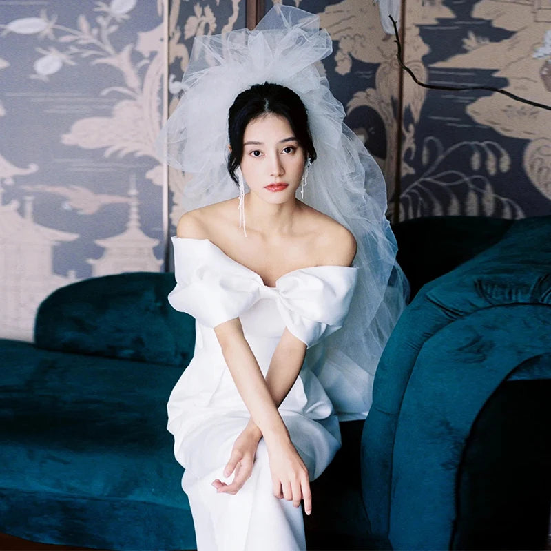 2238# Real Photos Off Shoulder Detachable Big Bow Sheath Wedding Dress for Party Low Back Soft Satin Bridal Gown Custom Made