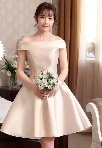 Pink Off Shoulder Bridesmaid Dress Simple Satin Sweet Bow Wedding Wedding Female Guest Dresses Fashion A-line Short Party Gown