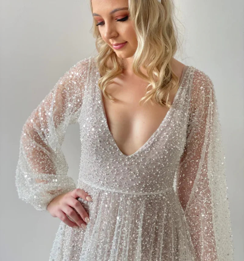 15290# Exquisite Puffy Sleeves Backless V-neck Pearls Wedding Clothes Bridal Gown for Plus Size Women Prom Party Evening Dresses