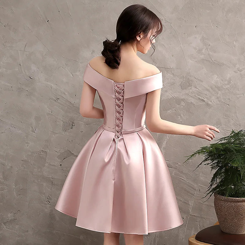 Pink Off Shoulder Bridesmaid Dress Simple Satin Sweet Bow Wedding Wedding Female Guest Dresses Fashion A-line Short Party Gown