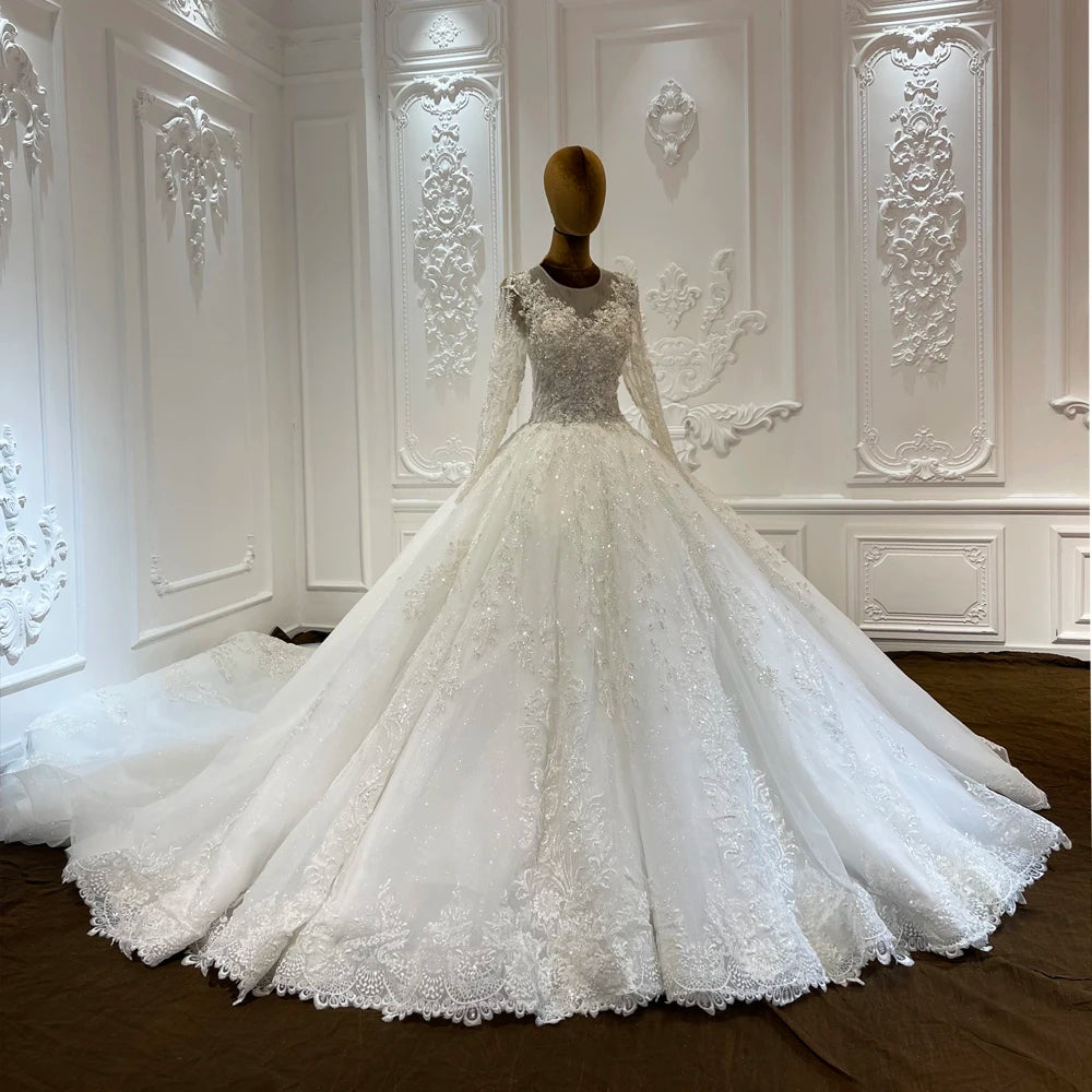 Luxury Beading With Floral Applique Puffy Long Sleeve Princess Ball Gown Vintage Wedding Dress With Cathedral Train LSCJ30