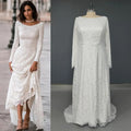 10561#Bohemian Beach Boat Neck Beach A-Line Lace Ruched Sexy Backless Sweep Train Long Sleeves Long Wedding Dress Bridal Gown
