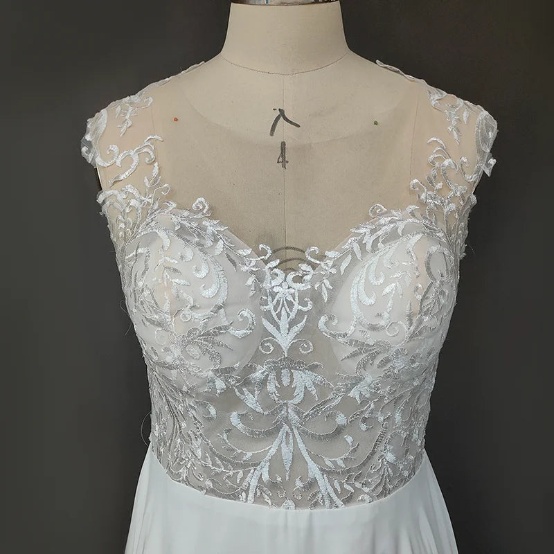 11094#Sheer Back Sweetheart Short Sleeve Lace Applique a Line Sweep Train Bohemian Chiffon Bridal Gowns Ladies Wedding Dress