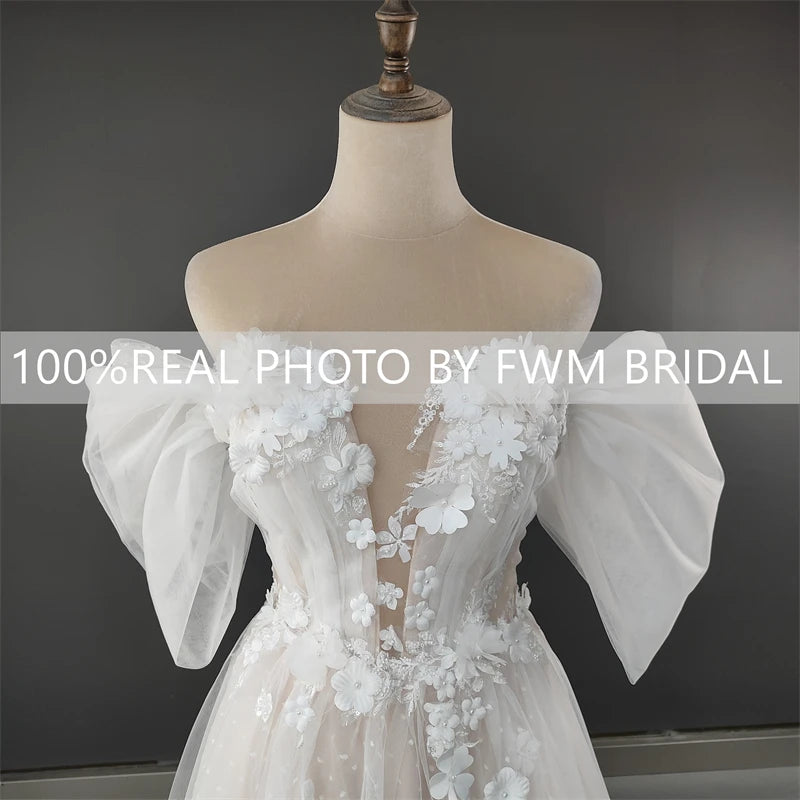 4562# Real Photos 3D Flowers Off Shoulder V-neck A-line Wedding Dress Sweep Train Bridal Gown High Slit Low Back Polka Dots Lace
