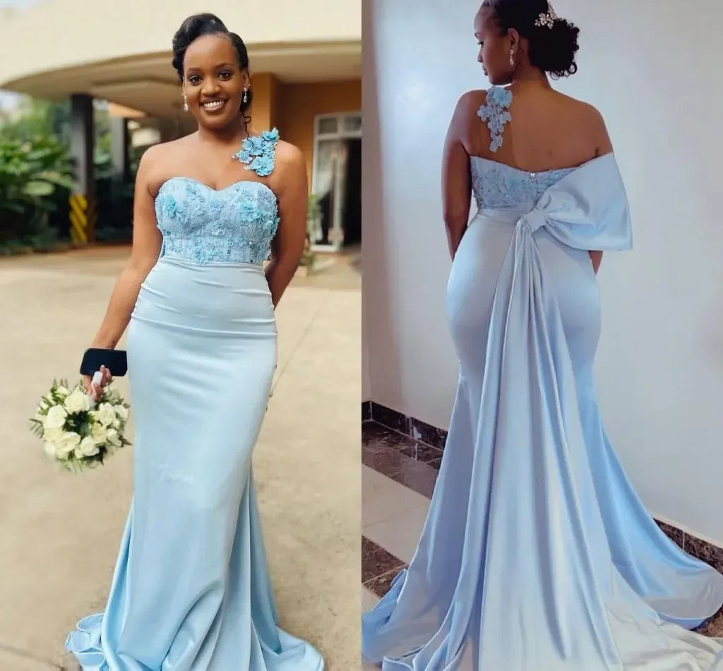 Mermaid Wedding One Shoulder Lace Applique Satin Bow Ruched Plus Size Maid of Honor Sky Blue Bridesmaid Dress MB395