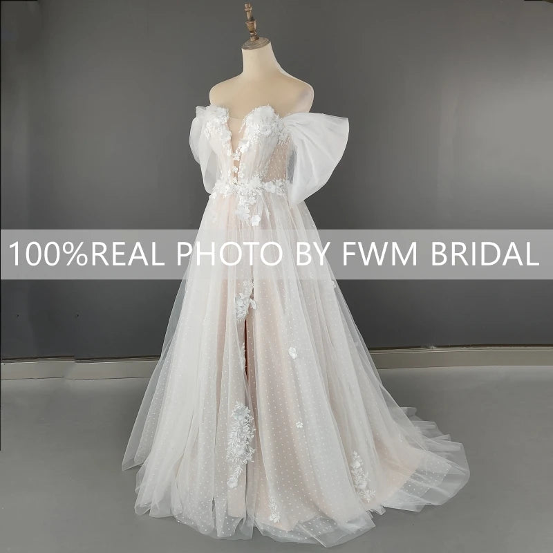 4562# Real Photos 3D Flowers Off Shoulder V-neck A-line Wedding Dress Sweep Train Bridal Gown High Slit Low Back Polka Dots Lace