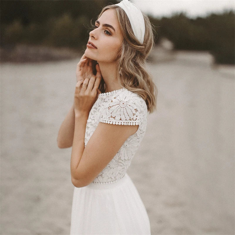 12178# Real Photos Two Piece Appliques Lace Soft Chiffon Wedding Dress for Engagement Backless Sweep Train Bridal Gown