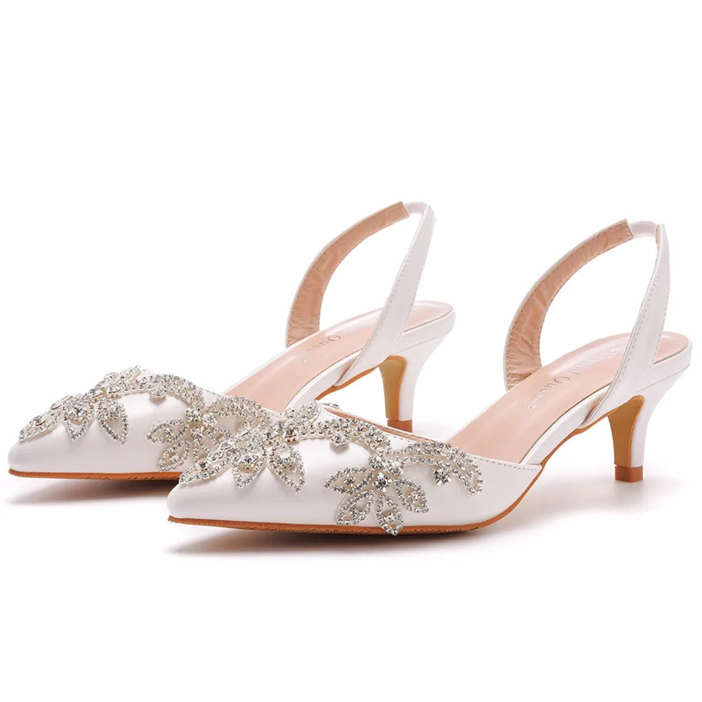 BS053 Gold Beading Bridal Shoes Wedding 5cm High Heel White Crystal Princess Shoes Mariage Party Bridesmaid Footwear Size 38