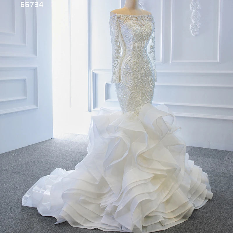 Jancember RSM66734 Mermaid Tail Off Shoulder Luxurious Long Sleeve Lace Wedding Dress