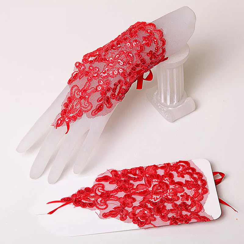 1 Pair White/Red/Beige Bridal Gloves Elegant Short Paragraph Rhinestone White Lace Glove Beautiful Wedding Accessories