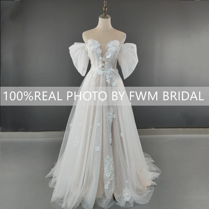 4562# Real Photos 3D Flowers Off Shoulder V-neck A-line Wedding Dress Sweep Train Bridal Gown High Slit Low Back Polka Dots Lace