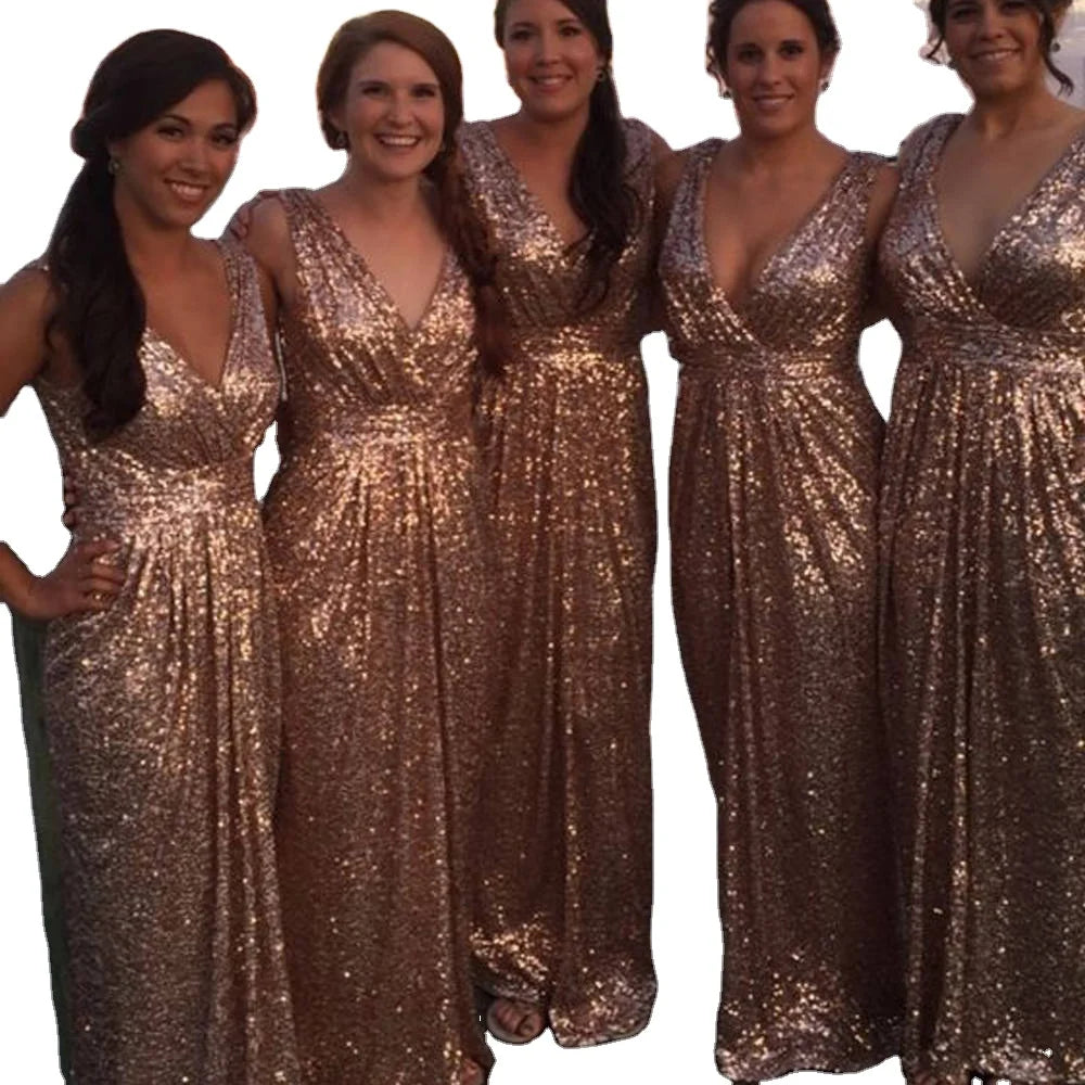 DB049 Design New China Factory Gold Bridesmaid Dresses Sequins Bling Bling Sparkly a Line Deep v Neck Wedding Party Dresses