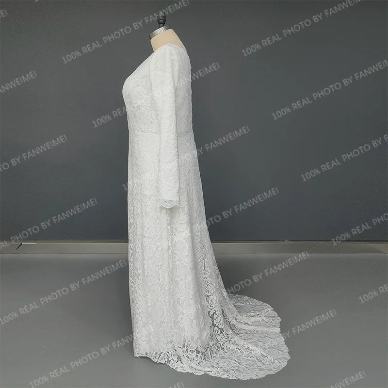 10561#Bohemian Beach Boat Neck Beach A-Line Lace Ruched Sexy Backless Sweep Train Long Sleeves Long Wedding Dress Bridal Gown