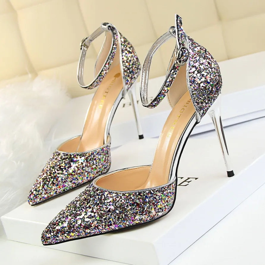 Wholesale Luxury Ladies' Summer Stilettos High Quality Bling Sandals Anti-Slippery Thin Heels with Ankle Buckle Bridal Shoes