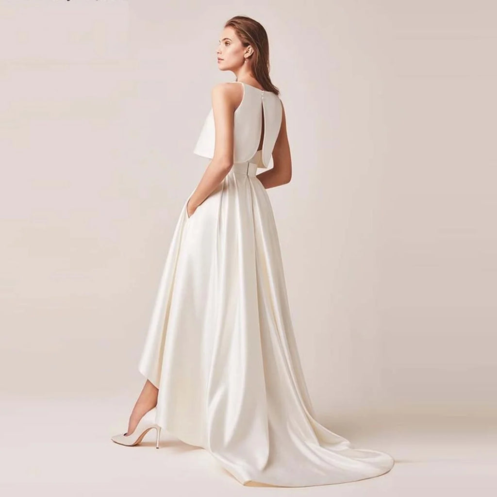 15506# Real Photos 2 in 1 High Low Boat Neck Sweep Train Satin A-line Wedding Dress Bridal Gown for Women With Pockets