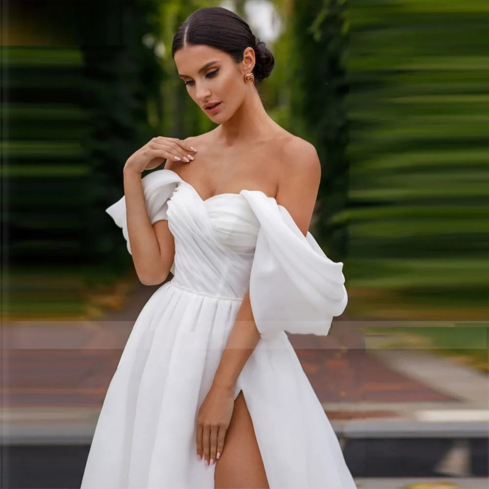 13097#Princess Boho Strapless Organza Off-Shoulder Backless Short Sleeves Simple Elegant Wedding Dress Sweep Train Bridal Gown