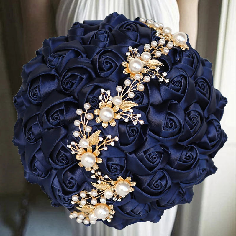 1pc/lot Navy Wedding Bouquet Gold Diamond Silver Diamond Pearl Decoration Bridal Wedding Bouquet Artificial Ribbon Rose