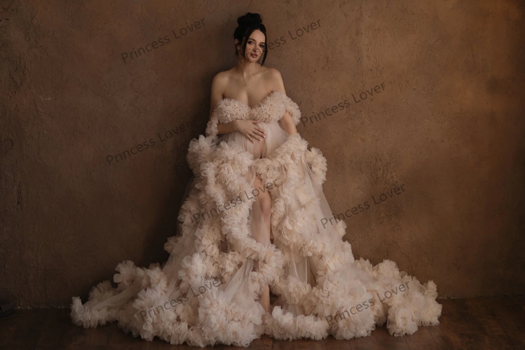 Maternity Dresses for Photography Luxury Ruffles Slit Plus Size Baby Shower Dress Flowy Empire Waist Robes Tulle Wrap Customized