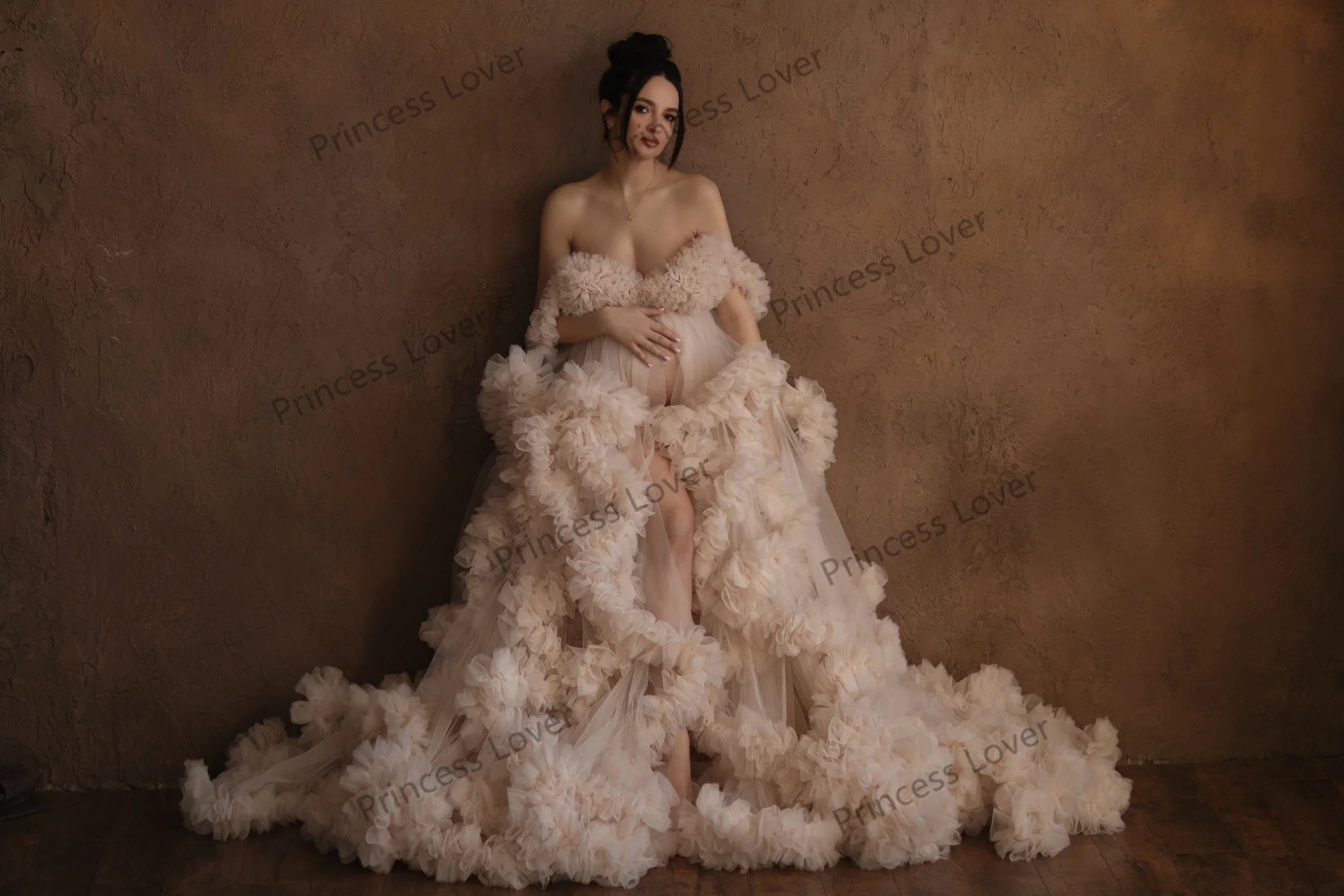 Maternity Dresses for Photography Luxury Ruffles Slit Plus Size Baby Shower Dress Flowy Empire Waist Robes Tulle Wrap Customized