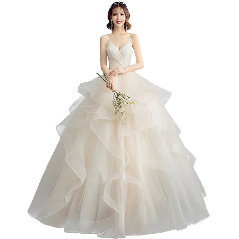 Custom 2022  New Summer Wedding Dress Sexy V Neck Ball Gowns Spaghetti Straps Tulle Prom Bridal Dress