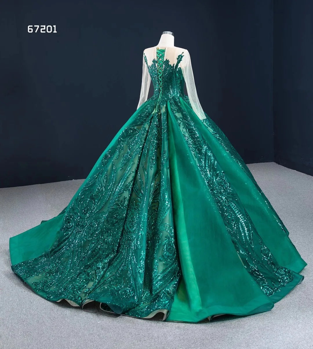 Feishiluo Luxury Green Sequin Lace Crystal Wedding Dress Long Sleeves Beaded Floral Appliques Embroidery Sweep Train Ball Gown