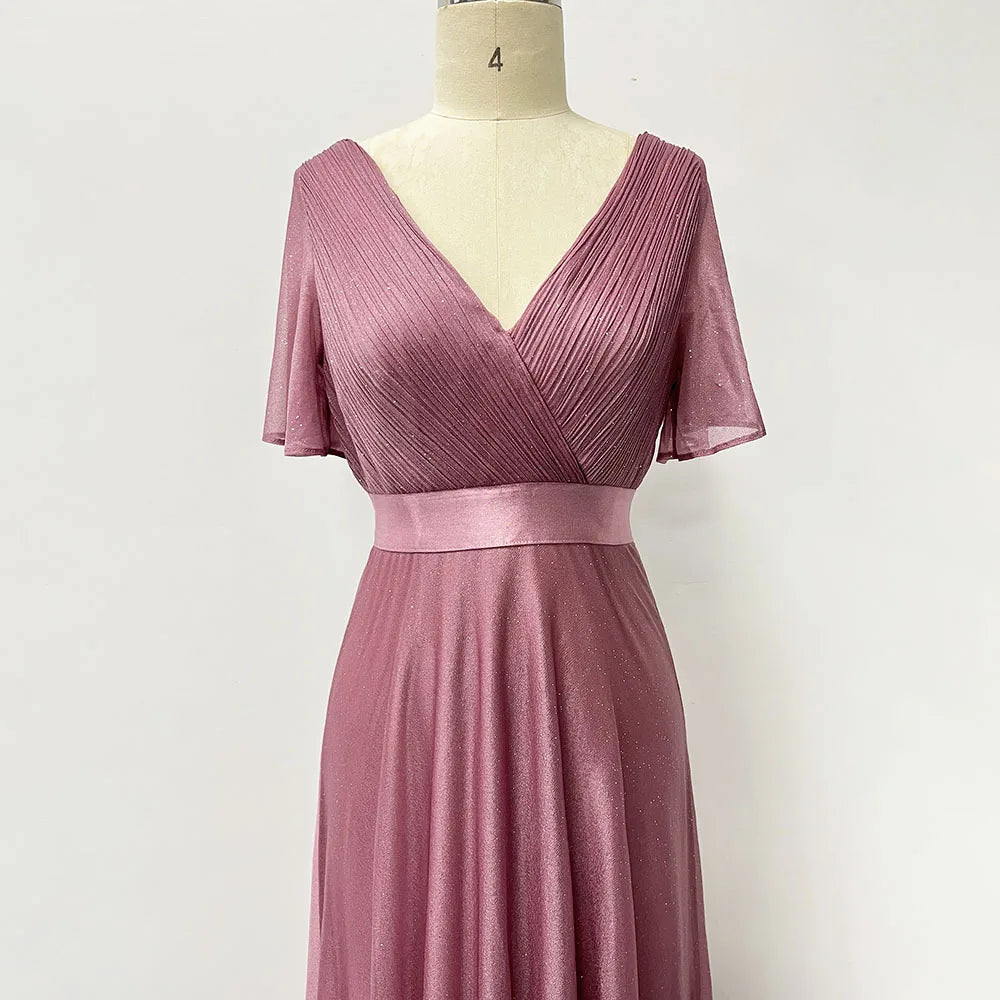 XU90812 High Quality Hand Folded Bridesmaid Dresses Large Swing V-neck Flare Sleeve Chiffon Dress Elegant Evening Dresses 2022