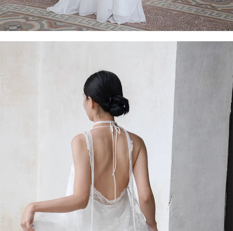 White Lace Halter Lace-Up Spaghetti Strap Floor-Length Bridal Robe Dress  Illusion Beach Vacation Banquet Gown