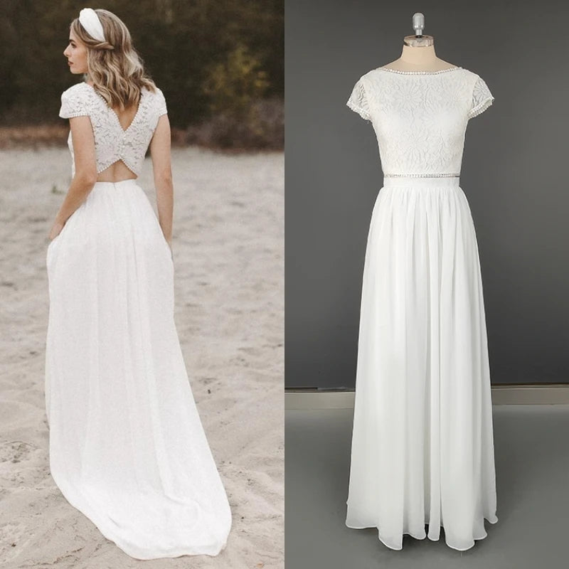 12178# Real Photos Two Piece Appliques Lace Soft Chiffon Wedding Dress for Engagement Backless Sweep Train Bridal Gown