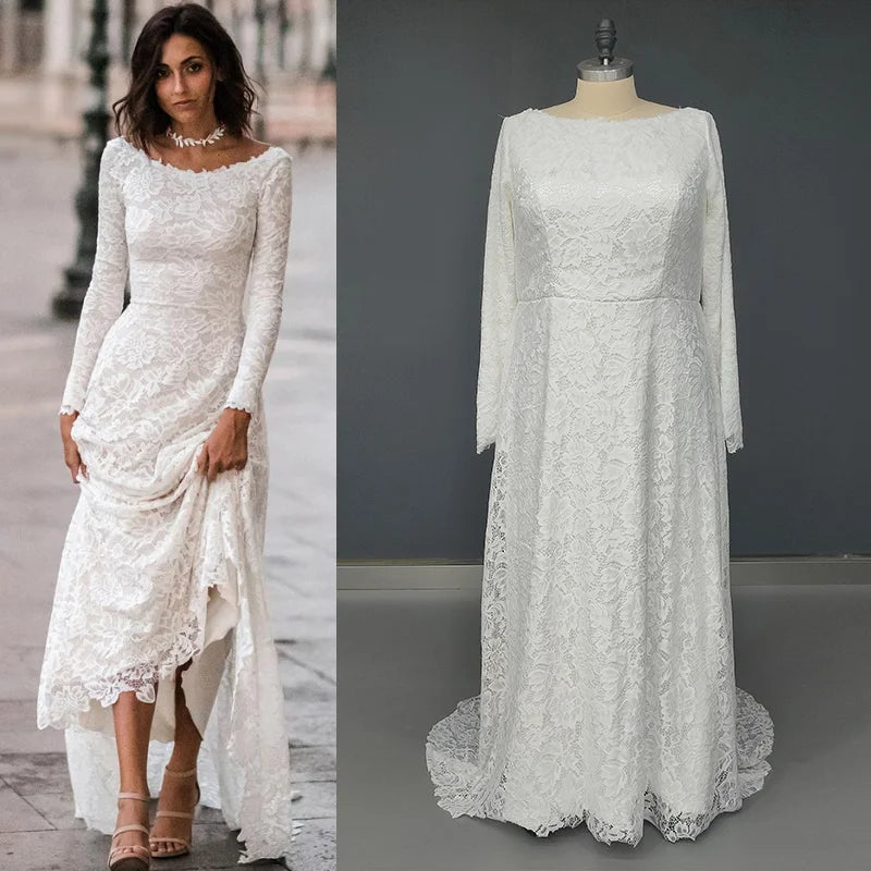 10561#Bohemian Beach Boat Neck Beach A-Line Lace Ruched Sexy Backless Sweep Train Long Sleeves Long Wedding Dress Bridal Gown