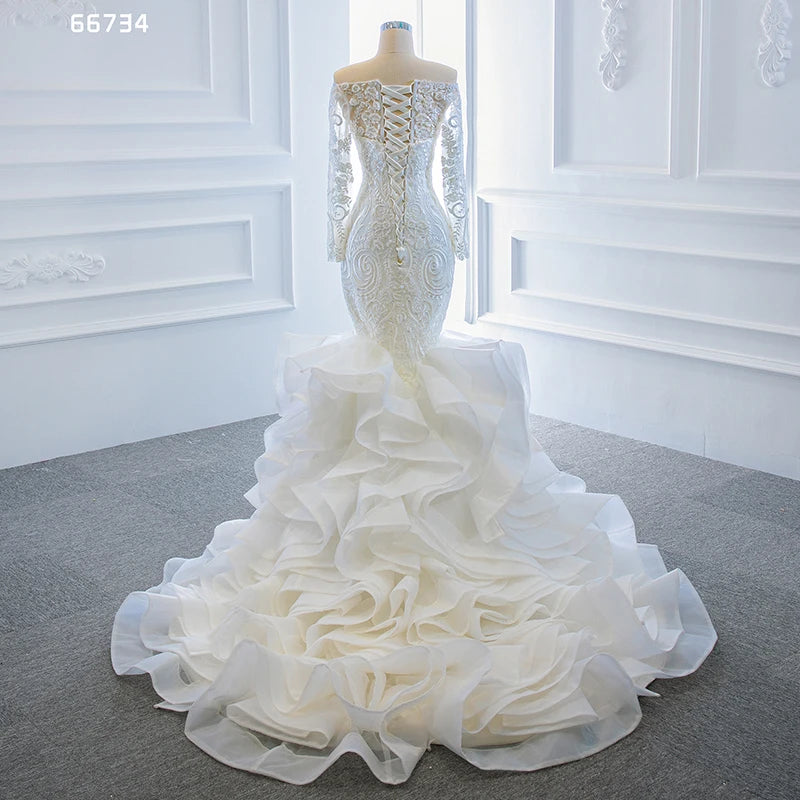 Jancember RSM66734 Mermaid Tail Off Shoulder Luxurious Long Sleeve Lace Wedding Dress