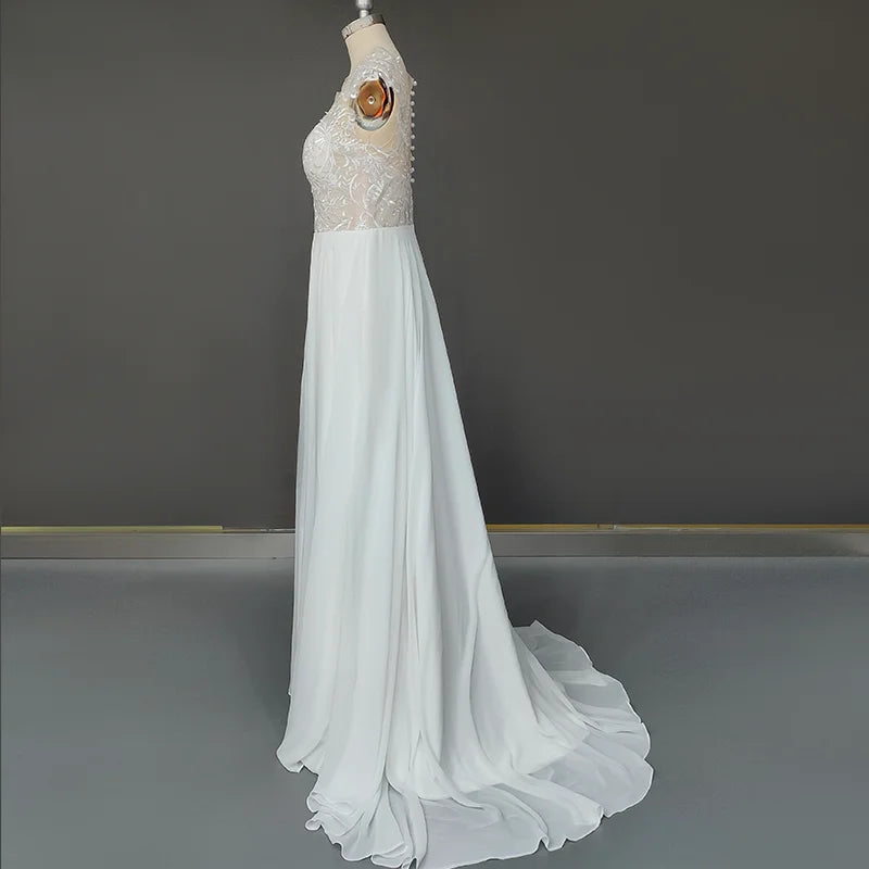 11094#Sheer Back Sweetheart Short Sleeve Lace Applique a Line Sweep Train Bohemian Chiffon Bridal Gowns Ladies Wedding Dress
