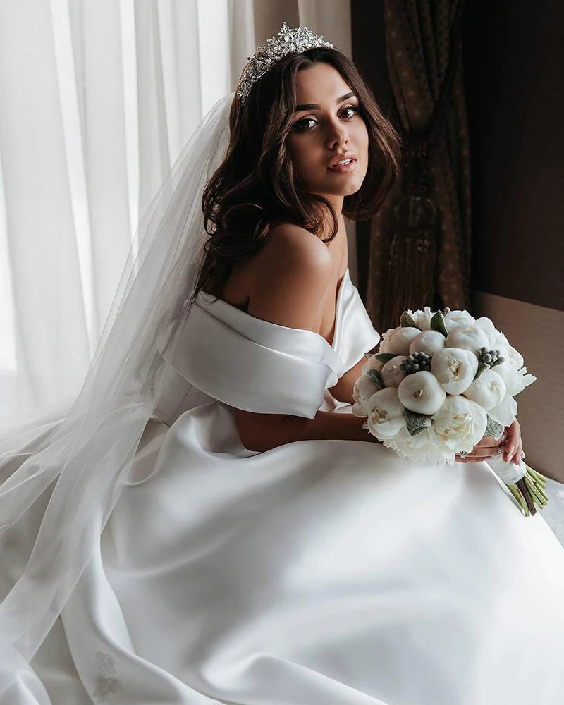 LORIE Princess Wedding Dresses Satin Vintage Off The Shoulder Wedding Bride Dresses Long Train White Wedding Ball Gown Customize