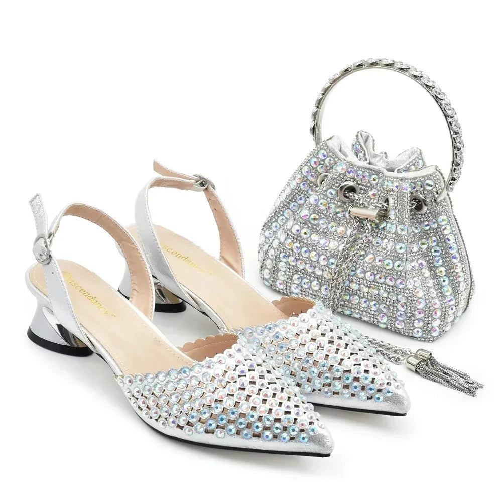 Banquet Plus Size Bridal Shoes Slip-On Pointed Toe Floral Pattern Breathable Round Heel Women's Shoes and Bag Set